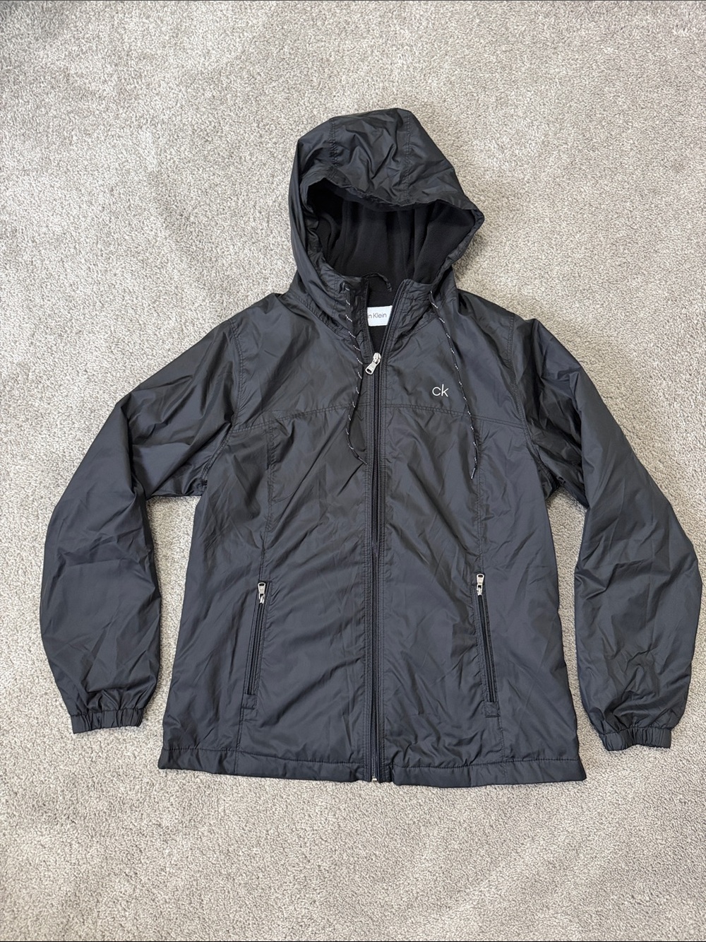 Calvin Klein Black Hooded Windbreaker Fleece Lined Jacket Size M